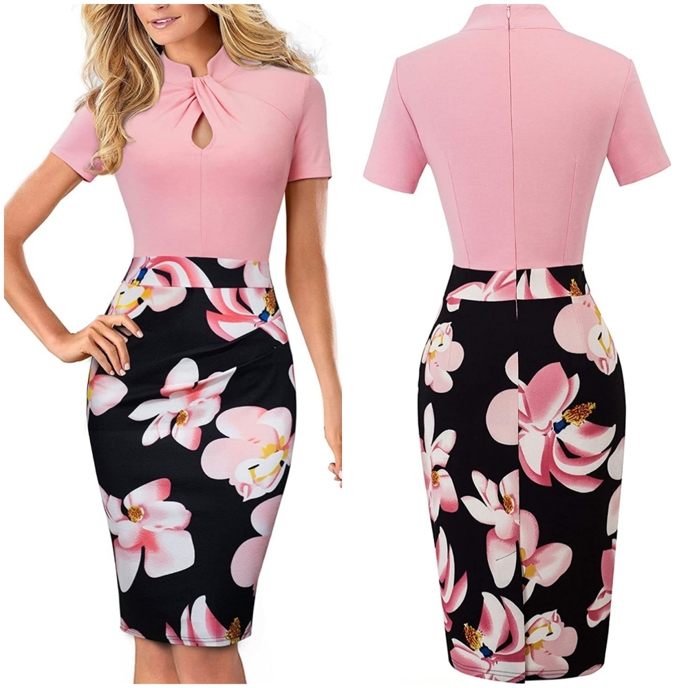 Homeyee Pink and Floral Pencil Skirt Dress